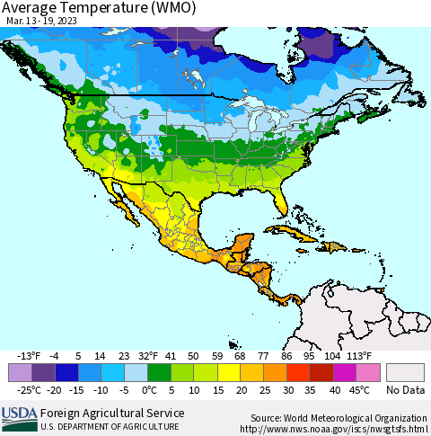 North America Average Temperature (WMO) Thematic Map For 3/13/2023 - 3/19/2023
