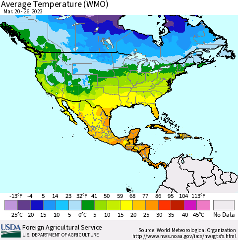 North America Average Temperature (WMO) Thematic Map For 3/20/2023 - 3/26/2023