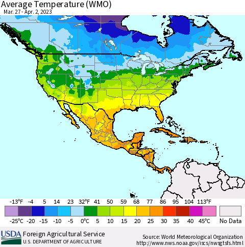 North America Average Temperature (WMO) Thematic Map For 3/27/2023 - 4/2/2023