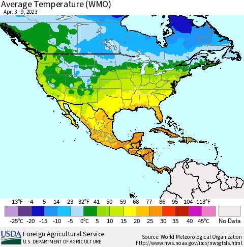 North America Average Temperature (WMO) Thematic Map For 4/3/2023 - 4/9/2023