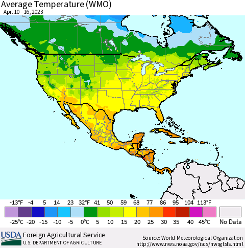 North America Average Temperature (WMO) Thematic Map For 4/10/2023 - 4/16/2023