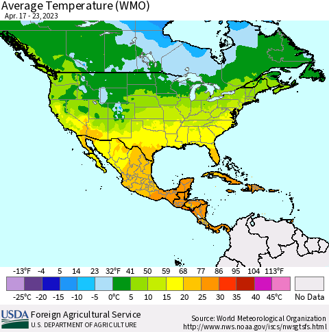 North America Average Temperature (WMO) Thematic Map For 4/17/2023 - 4/23/2023