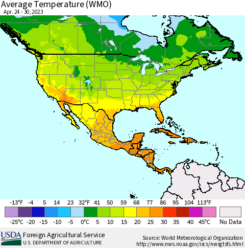 North America Average Temperature (WMO) Thematic Map For 4/24/2023 - 4/30/2023