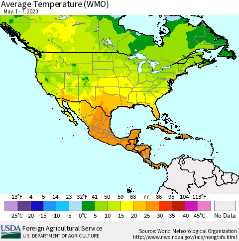 North America Average Temperature (WMO) Thematic Map For 5/1/2023 - 5/7/2023
