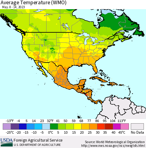 North America Average Temperature (WMO) Thematic Map For 5/8/2023 - 5/14/2023