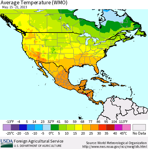North America Average Temperature (WMO) Thematic Map For 5/15/2023 - 5/21/2023