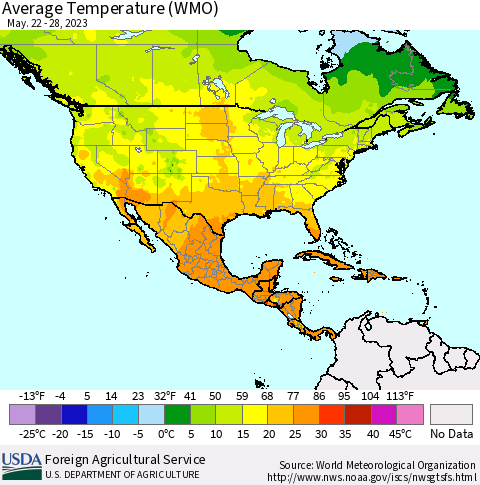 North America Average Temperature (WMO) Thematic Map For 5/22/2023 - 5/28/2023
