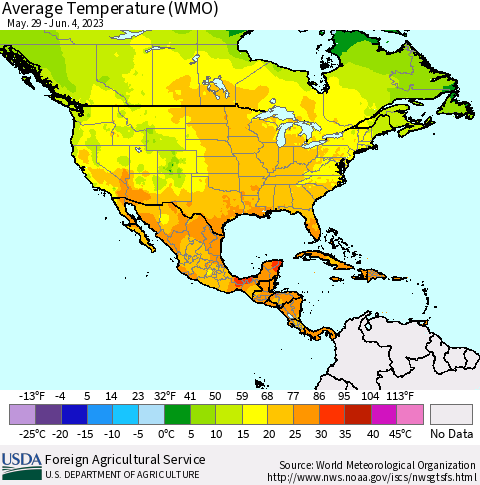North America Average Temperature (WMO) Thematic Map For 5/29/2023 - 6/4/2023
