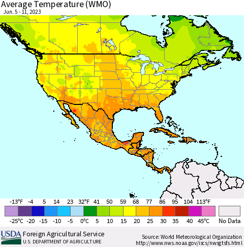 North America Average Temperature (WMO) Thematic Map For 6/5/2023 - 6/11/2023