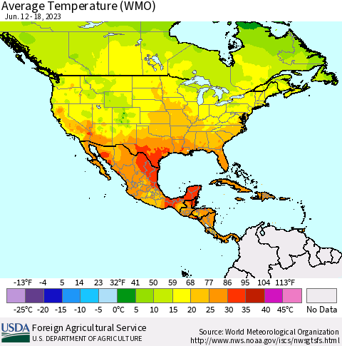 North America Average Temperature (WMO) Thematic Map For 6/12/2023 - 6/18/2023