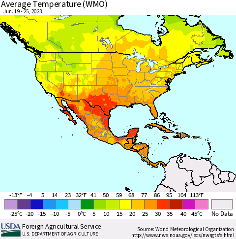 North America Average Temperature (WMO) Thematic Map For 6/19/2023 - 6/25/2023