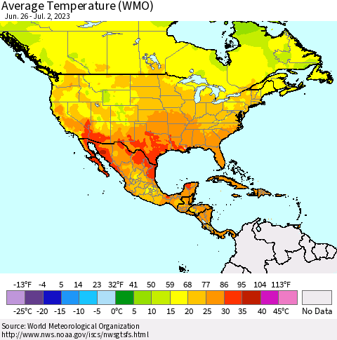North America Average Temperature (WMO) Thematic Map For 6/26/2023 - 7/2/2023