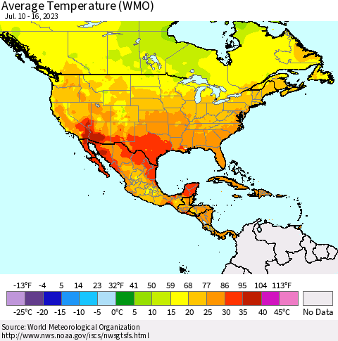 North America Average Temperature (WMO) Thematic Map For 7/10/2023 - 7/16/2023