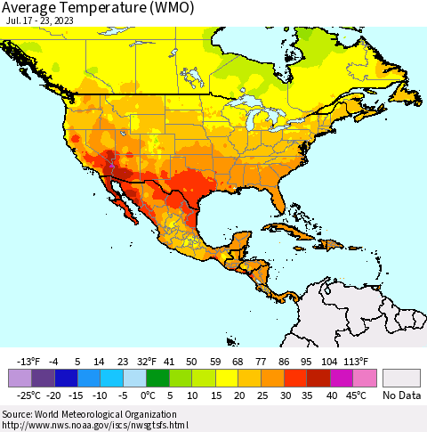 North America Average Temperature (WMO) Thematic Map For 7/17/2023 - 7/23/2023