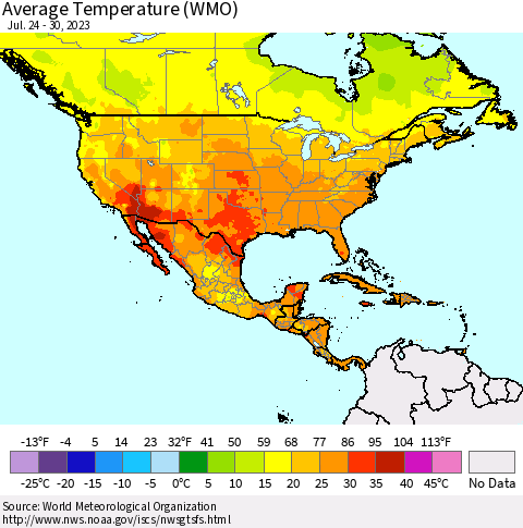 North America Average Temperature (WMO) Thematic Map For 7/24/2023 - 7/30/2023