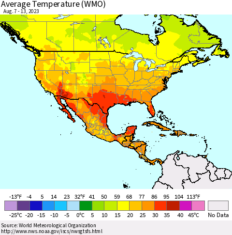North America Average Temperature (WMO) Thematic Map For 8/7/2023 - 8/13/2023