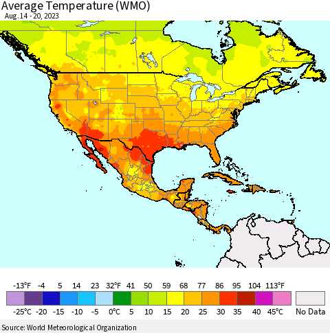 North America Average Temperature (WMO) Thematic Map For 8/14/2023 - 8/20/2023
