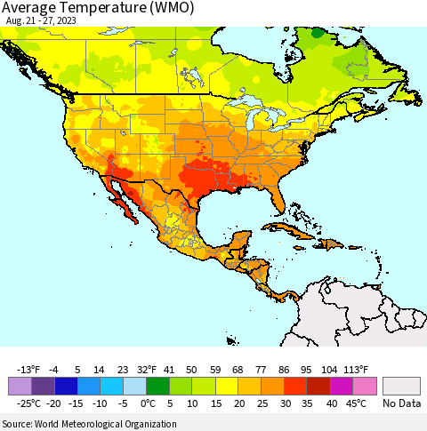 North America Average Temperature (WMO) Thematic Map For 8/21/2023 - 8/27/2023