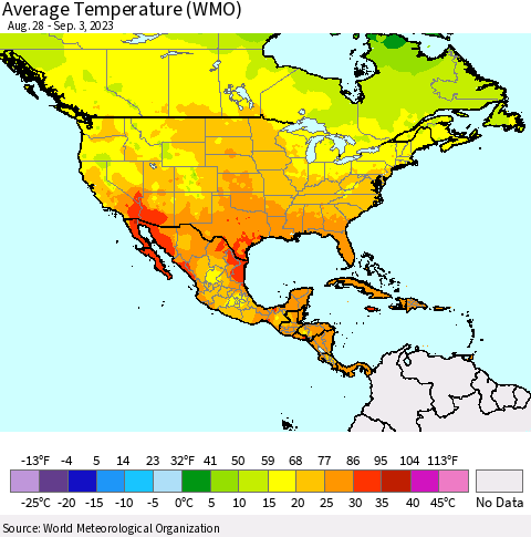North America Average Temperature (WMO) Thematic Map For 8/28/2023 - 9/3/2023