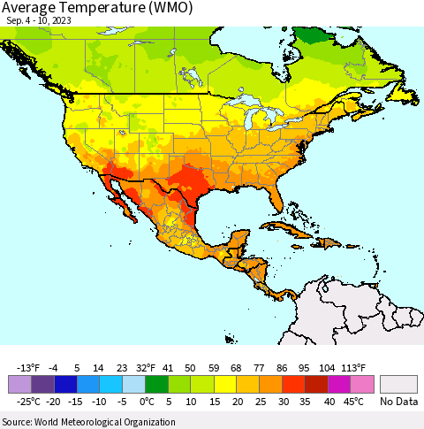 North America Average Temperature (WMO) Thematic Map For 9/4/2023 - 9/10/2023
