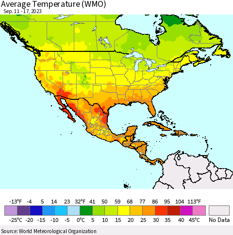 North America Average Temperature (WMO) Thematic Map For 9/11/2023 - 9/17/2023