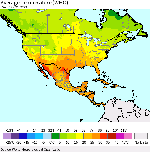 North America Average Temperature (WMO) Thematic Map For 9/18/2023 - 9/24/2023