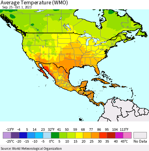 North America Average Temperature (WMO) Thematic Map For 9/25/2023 - 10/1/2023