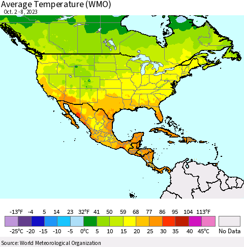 North America Average Temperature (WMO) Thematic Map For 10/2/2023 - 10/8/2023