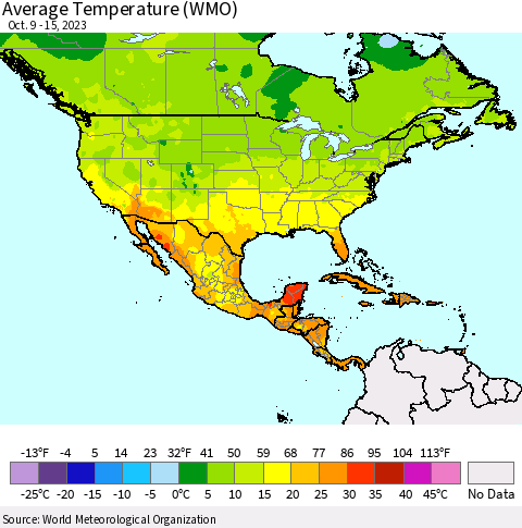 North America Average Temperature (WMO) Thematic Map For 10/9/2023 - 10/15/2023