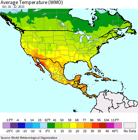 North America Average Temperature (WMO) Thematic Map For 10/16/2023 - 10/22/2023