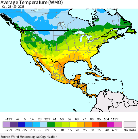 North America Average Temperature (WMO) Thematic Map For 10/23/2023 - 10/29/2023