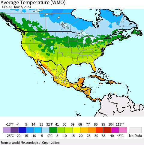 North America Average Temperature (WMO) Thematic Map For 10/30/2023 - 11/5/2023