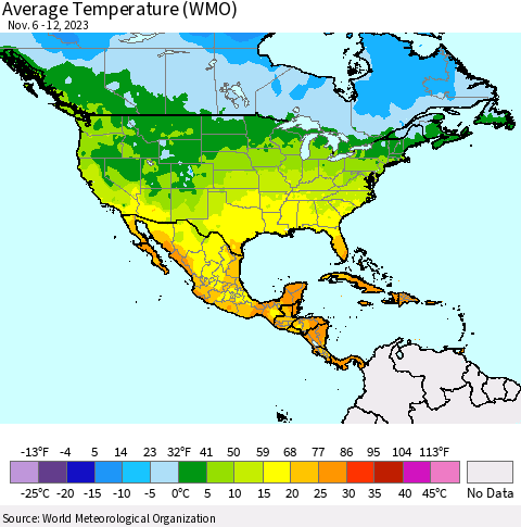 North America Average Temperature (WMO) Thematic Map For 11/6/2023 - 11/12/2023