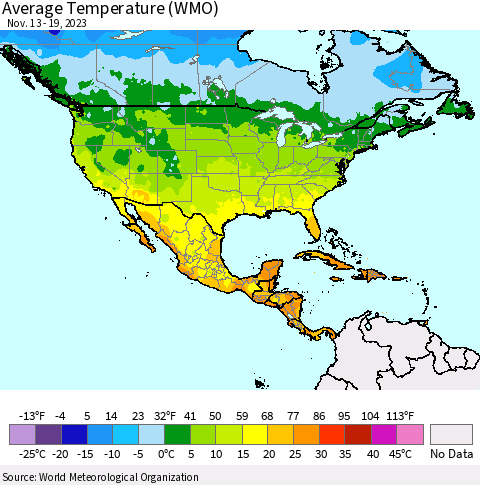 North America Average Temperature (WMO) Thematic Map For 11/13/2023 - 11/19/2023
