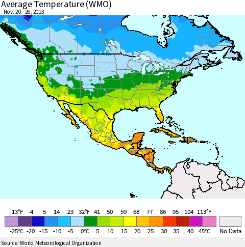 North America Average Temperature (WMO) Thematic Map For 11/20/2023 - 11/26/2023