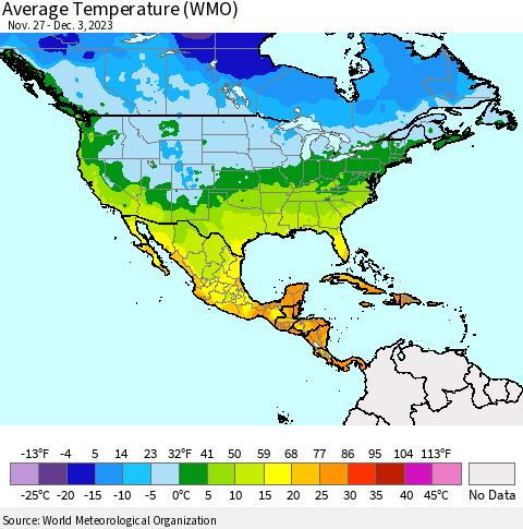North America Average Temperature (WMO) Thematic Map For 11/27/2023 - 12/3/2023