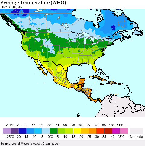North America Average Temperature (WMO) Thematic Map For 12/4/2023 - 12/10/2023