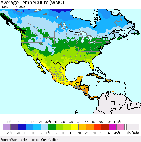 North America Average Temperature (WMO) Thematic Map For 12/11/2023 - 12/17/2023