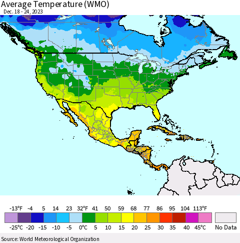 North America Average Temperature (WMO) Thematic Map For 12/18/2023 - 12/24/2023