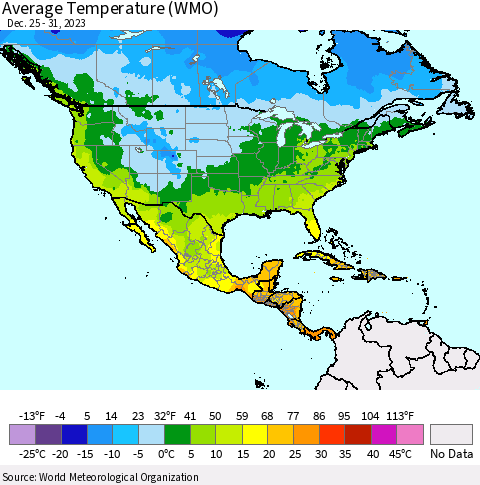 North America Average Temperature (WMO) Thematic Map For 12/25/2023 - 12/31/2023