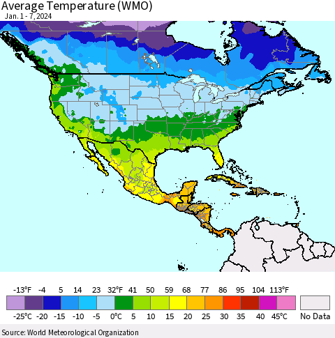 North America Average Temperature (WMO) Thematic Map For 1/1/2024 - 1/7/2024