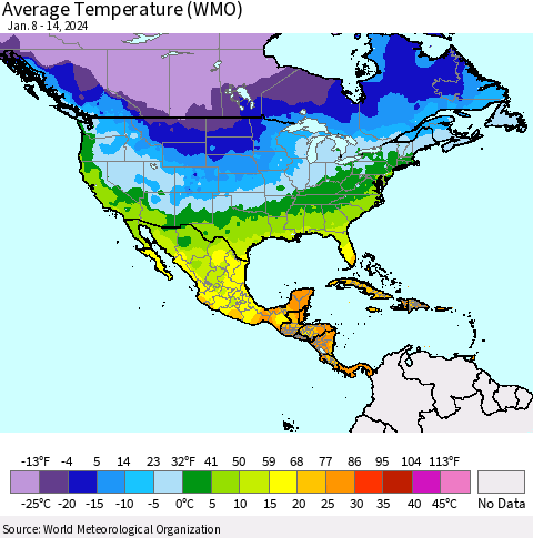 North America Average Temperature (WMO) Thematic Map For 1/8/2024 - 1/14/2024