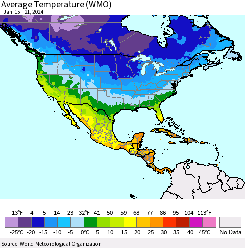 North America Average Temperature (WMO) Thematic Map For 1/15/2024 - 1/21/2024