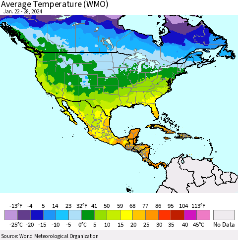 North America Average Temperature (WMO) Thematic Map For 1/22/2024 - 1/28/2024
