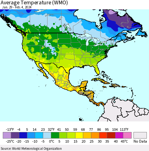 North America Average Temperature (WMO) Thematic Map For 1/29/2024 - 2/4/2024