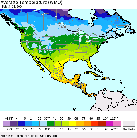 North America Average Temperature (WMO) Thematic Map For 2/5/2024 - 2/11/2024