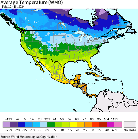 North America Average Temperature (WMO) Thematic Map For 2/12/2024 - 2/18/2024