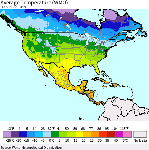 North America Average Temperature (WMO) Thematic Map For 2/19/2024 - 2/25/2024