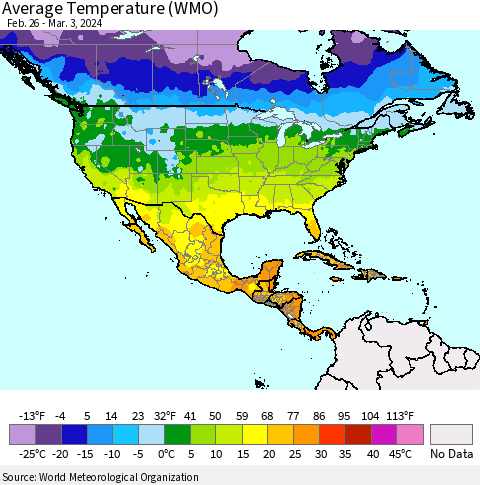North America Average Temperature (WMO) Thematic Map For 2/26/2024 - 3/3/2024