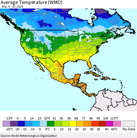 North America Average Temperature (WMO) Thematic Map For 3/4/2024 - 3/10/2024